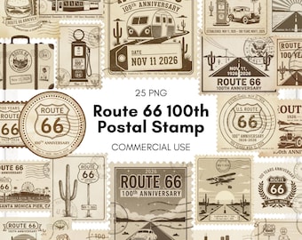 Route 66 100th Anniversary Postal Stamp Clipart, Vintage Road Trip Postage PNG for Junk Journal, Commercial Use - Commercial Use