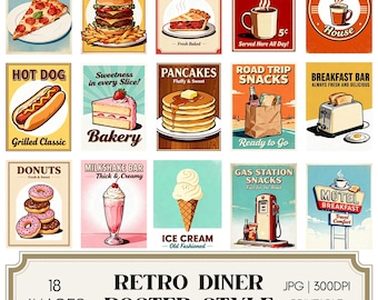 Retro Diner Printable Journal Cards – Vintage Food Ephemera Pack – Scrapbooking, Junk Journal, Collage, 50s Americana, Instant Download JPG