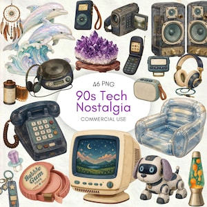 Könnte beinhalten: Eine Sammlung von 90er-Jahre-Technik-Illustrationen, darunter ein durchsichtiges blaues Telefon, ein beiger Röhrenmonitor, eine violette Amethyststufe, Lautsprecher, Kopfhörer, ein Klapphandy, ein Musikplayer, eine Lavalampe und ein aufblasbarer Sessel.
