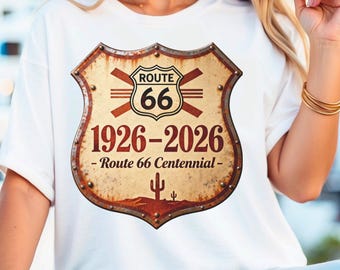 Vintage Route 66 Centennial Logo PNG – Rustic Route 66 Shield 1926-2026 Retro Highway Sign Rust Metal Style Travel Graphic