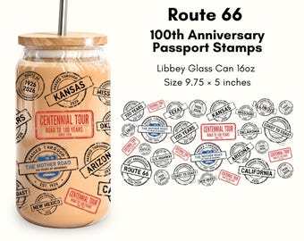 Route 66 100th Anniversary Passport Stamp Glass Can Wrap, Retro 16oz Libbey Can Sublimation, Centennial Tour PNG - Commercial Use
