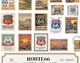 Route 66 Centennial Stamp Printable Bundle – Vintage Retro Americana Postage Ephemera – Junk Journal, Scrapbooking, Instant Download JPG