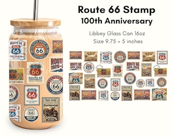 Route 66 Centennial PNG Glass Can Wrap - 1926-2026 Vintage Postage Stamp Design - 16oz Tumbler Sublimation - Retro USA Digital Download