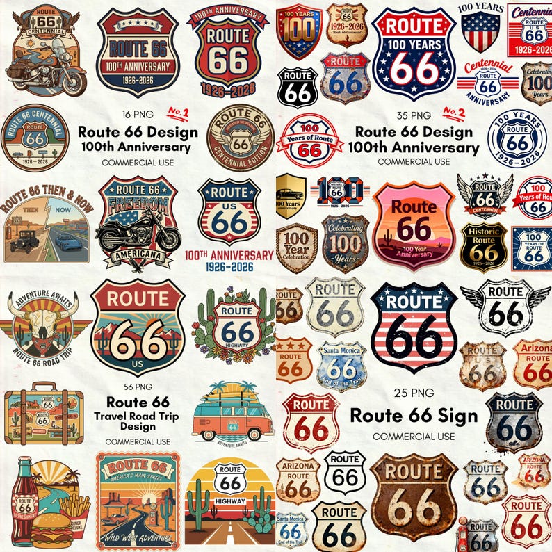 Commemorative Graphics Route 66 100th Anniversary Mega Bundle 350+ PNG, Vintage Road Trip ...