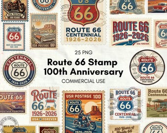 Route 66 100th Anniversary Stamp PNG, Vintage Centennial Postage Design, Americana Road Trip Decor, Sticker Mug T-Shirt - Commercial Use