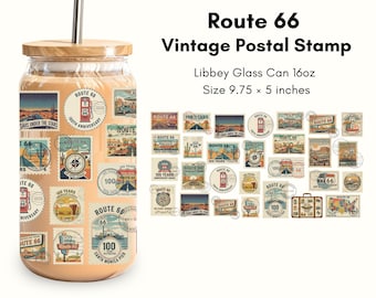 Route 66 Vintage Postal Stamp Libbey Glass Can Wrap, Retro Americana 16oz Beer Can Glass Sublimation, 100th Anniversary PNG - Commercial Use