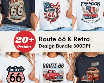 Get Your Kicks auf der Route 66 – Oldtimer PNG Clipart Set | Retro Road Trip Sublimationsdesigns für T-Shirts, Aufkleber, Tassen, Scrapbooks