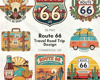 Route 66 Clipart Bundle - Retro Travel USA Road Trip Design PNG Set, Vintage Highway Signs, Van Life, Sublimation Graphics Commercial Use