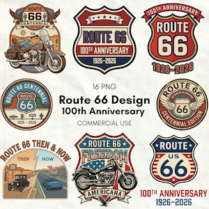 Paquete de diseño del centenario de la Ruta 66 PNG n.° 1: insignias de carretera americanas retro, camisetas, pegatinas, pósteres, sublimación (uso comercial)
