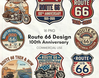 Route 66 100th Anniversary Design Bundle PNG No.1 – Retro Americana Highway Badges T-Shirts, Stickers, Posters, Sublimation – Commercial Use