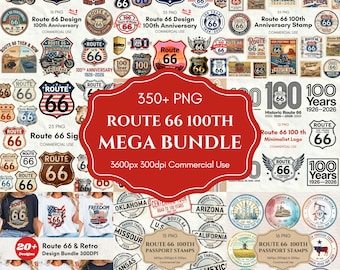Route 66 100th Anniversary Mega Bundle 350+ PNG, Vintage Road Trip Clipart, Centennial Signs Stamps & Retro Logo Bundle - Commercial Use
