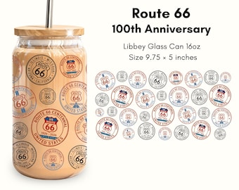 Route 66 Centennial PNG Glass Can Wrap - 1926-2026 Badge Pattern Tumbler Design - Retro Road Trip Sublimation - Commercial Use