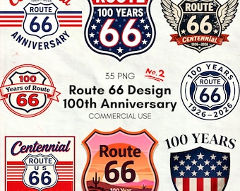 Route 66 100th Anniversary Design Bundle PNG No.2 – Retro Americana Highway Badges T-Shirts, Stickers, Posters, Sublimation – Commercial Use