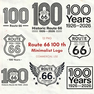 Puede incluir: Una colección de logotipos en blanco y negro de la Ruta 66 que celebran el centenario. Los diseños incluyen el número 100, el escudo de la Ruta 66 y el texto "Historic Route 66 1926-2026".