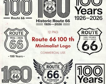 Route 66 100 Years PNG Bundle - Vintage Minimalist Logo Badge Design, Retro Highway Shield, Centennial 1926-2026, Sublimation Commercial Use