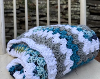 Handmade Crochet Granny Square Cardigan – Women’s Medium, Teal Boho Sweater