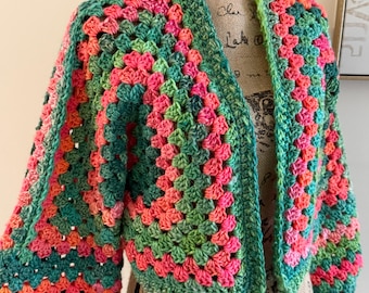 Handmade Granny Square Crochet Cardigan – Cropped Boho Sweater, Women's Medium