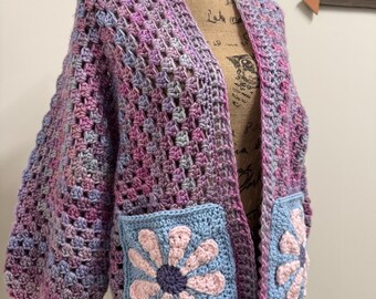 Handmade Crochet Cardigan: Chunky Granny Stitch Sweater with Flower Pockets