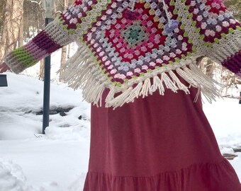 Handmade Granny Square Poncho with Sleeves, Boho Fringe Sweater Layer