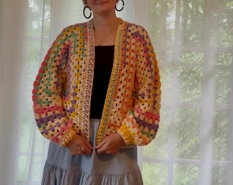 Handmade Crochet Granny Square Cardigan | Pastel Boho Sweater, Lightweight Cottagecore Clothing