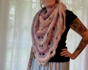 Handmade Crochet Triangle Shawl | Soft Boho Lace Wrap Scarf, Pink Gray