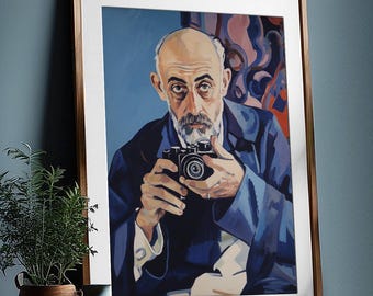 Vintage Camera Art Print: Moody Blue Photographer Portrait (Digital Painting)