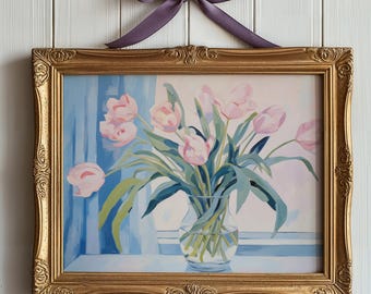 Pink Tulip Wall Art Printable Pink and Blue Print Floral Download Elegant Flower Painting Modern Botanical Decor Romantic Cottagecore Poster