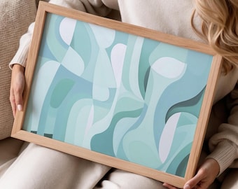 Teal Green Abstract Painting: Mid-Century Modern Framed Wall Art