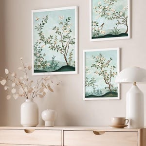 Chinoiserie Botanical Wall Art Set Oriental Style Home Decor Collection Sage Green Background Bird Flower Design Elegant Asian Inspired Artwork Multiple Frame Options Living Room Bedroom Display Statement Piece Gallery Wall Collection Wall Art Set of 3 Above Bed Print Above Sofa Wall Art Large