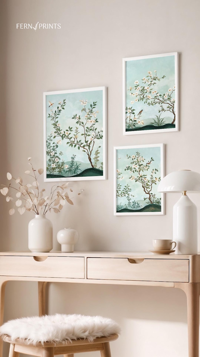 Chinoiserie Botanical Wall Art Set Oriental Style Home Decor Collection Sage Green Background Bird Flower Design Elegant Asian Inspired Artwork Multiple Frame Options Living Room Bedroom Display Statement Piece Gallery Wall Collection Wall Art Set of 3 Above Bed Print Above Sofa Wall Art Large