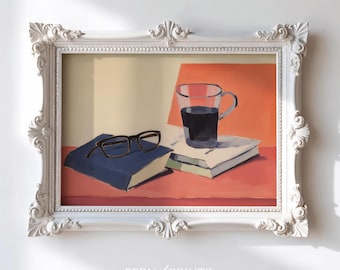 Coffee and Books Print: Vintage Reading Nook Still Life (Digital Download)