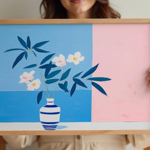 Minimalist Floral Wall Art Print Digital Download Modern Floral Color Block Blue White Vase Decor Living Room Gift Botanical Printable Home