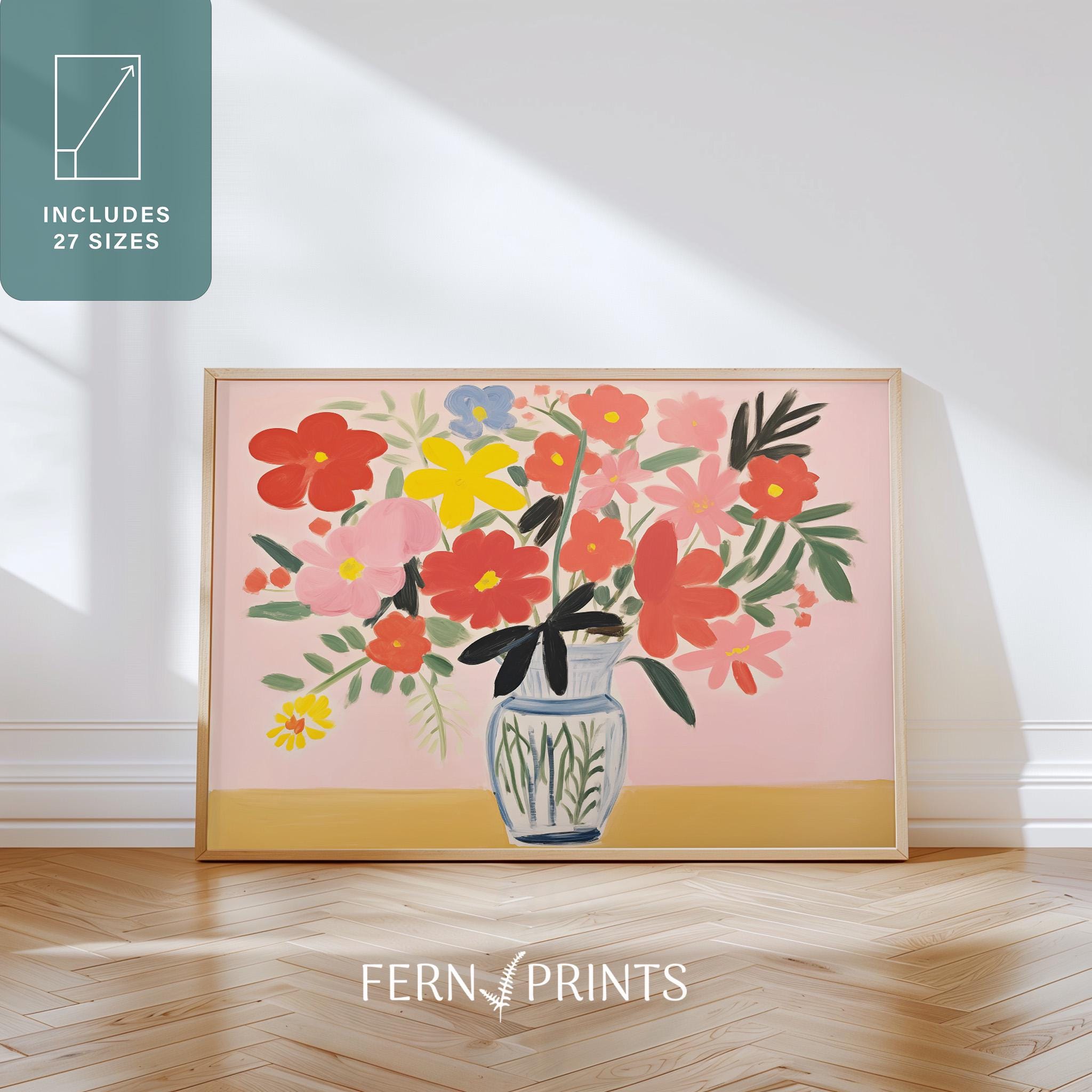 Modern Floral Vase Art Print: Eclectic Pink Flower Decor (digital ...