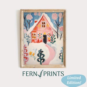 Snowy Gingerbread House Painting Festive Christmas Art Print Whimsical Holiday Print Cozy Winter Scene Art Printable Wall Art