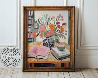 Book Lover Wall Art Reading Gift Floral Print Cozy Decor Still Life Bookish Gift Readers Bookworm Anniversary Present Bookshop Decor Library