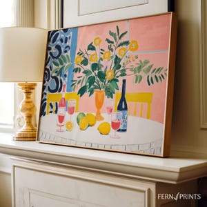 Mediterranean Wall Art Summer Kitchen Decor Printable Dining Room Decor Coastal Country Vibrant Print Wine and Lemons Artwork Eclectic Home