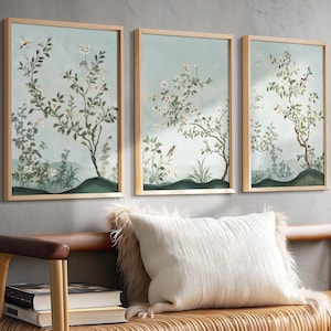 Chinoiserie Botanical Wall Art Set Oriental Style Home Decor Collection Sage Green Background Bird Flower Design Elegant Asian Inspired Artwork Multiple Frame Options Living Room Bedroom Display Statement Piece Gallery Wall Collection Wall Art Set of 3 Above Bed Print Above Sofa Wall Art Large