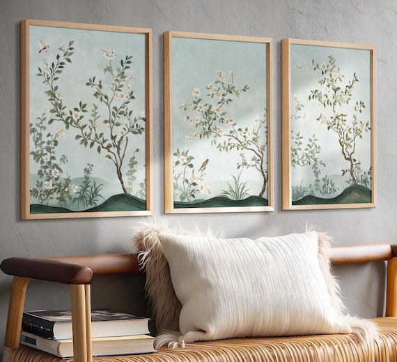 Chinoiserie Wall Art Set of 3 Above Bed Print Botanical Oriental Style Flower Accent Wall Frame Piece Bird Design Room Decor Canvas Wall Art