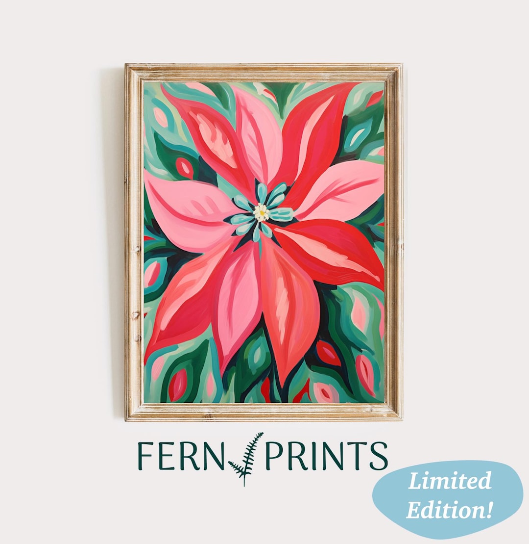 Poinsettia Art Print Christmas Flower Art Red & Pink Poinsettia Poster ...