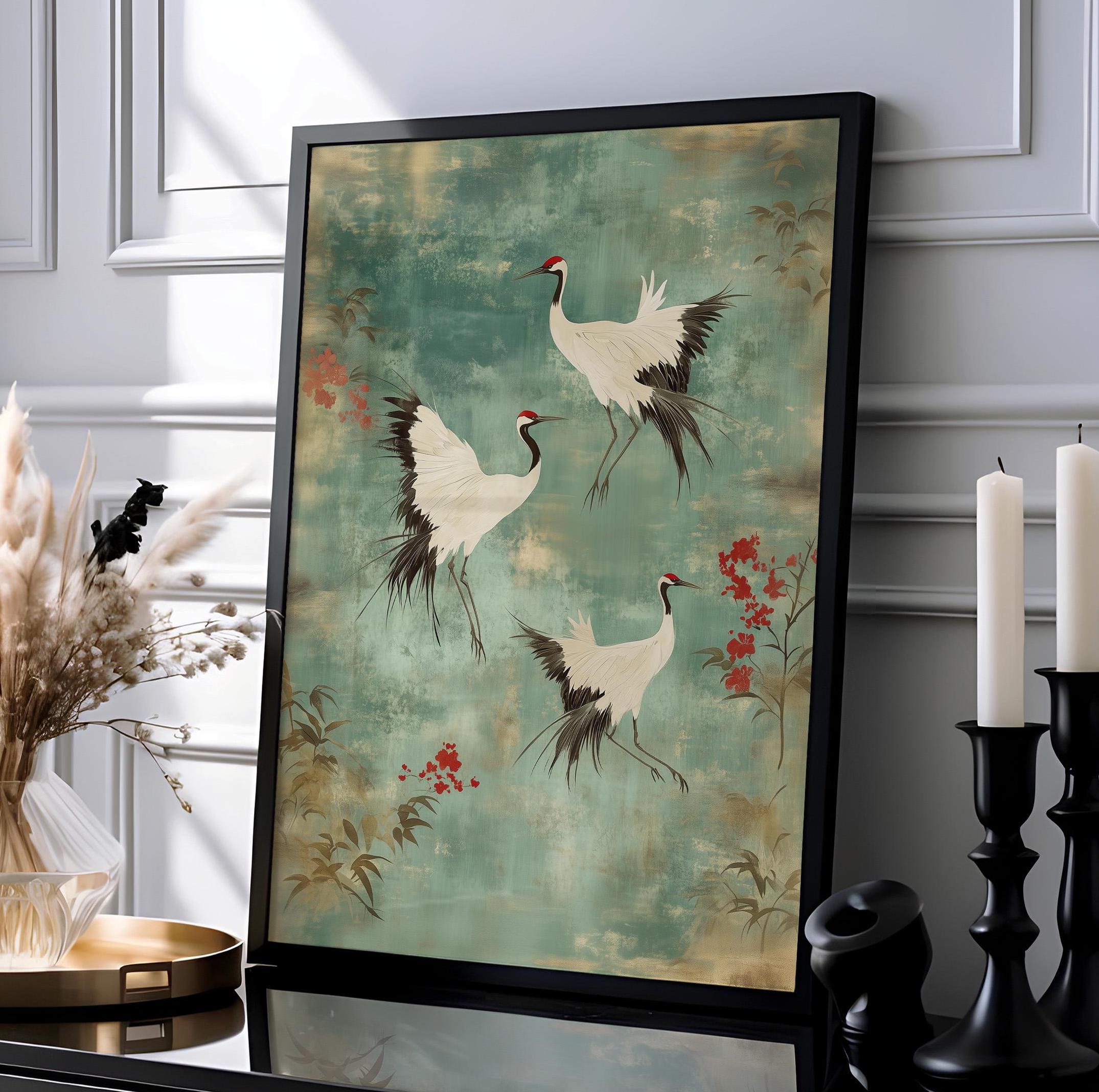 Japanese Crane Artwork Wall Accent Home Teal Print Frame Bird Print Asian Decor Vintage Style Moody Wall Art Hanging Oriental Cherry Blossom