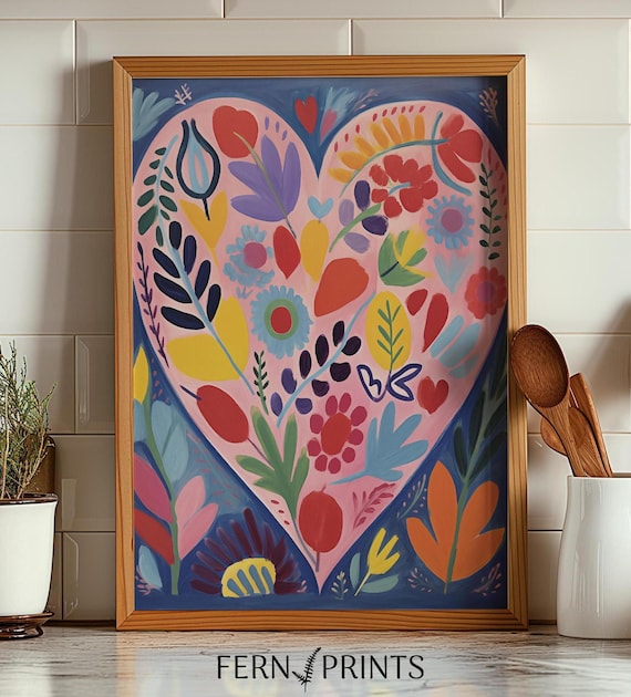 Floral Heart Wall Art Printable Mother Day Gift for Mom Pink Floral Print Modern Wall Art Home Decor Botanical Bedroom Living Room Gift Art