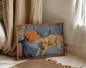 Sleeping Golden Retriever Art Print: Blue Room Dog Lover Decor (Digital Download)