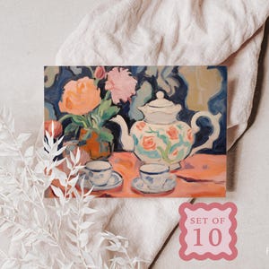 Tea Party Invitation Blank Card Elegant Set Vintage Design Floral Note Thank You Teacup Gift Card Present Bundle Home Note Card Cozy Party
