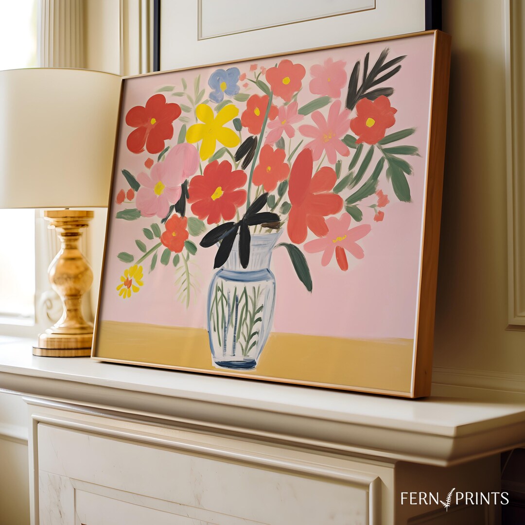 Modern Floral Vase Art Print: Eclectic Pink Flower Decor (digital ...