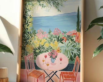 Mediterranean Patio Art Print: Coastal Dining Scene (Digital Download)