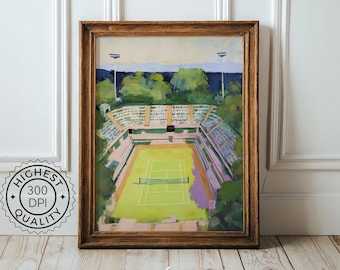 May include: A painting of a tennis court with green grass and a light brown clay surface. The court is surrounded by a large stadium with white seats. The painting is framed in a brown wooden frame.