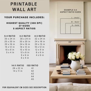 May include: Printable wall art design guide with 27 sizes and 5 aspect ratios, including 5:4, 3:2, 4:3, 14:11, and ISO ratios. The guide shows the dimensions in inches for each ratio. An example of a 3:4 aspect ratio is shown with a fireplace and a coffee table.