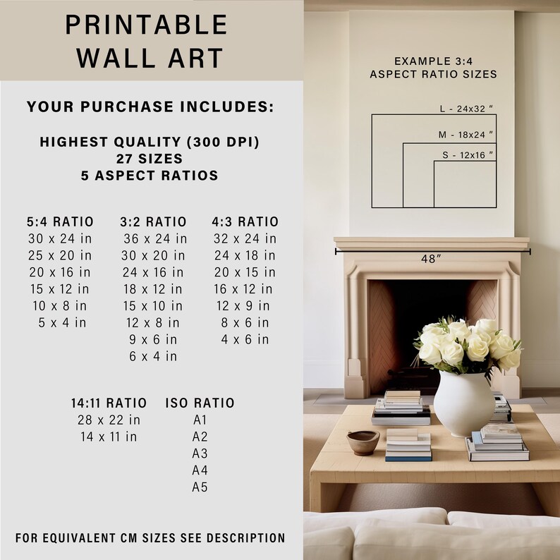 May include: Printable wall art design guide with 27 sizes and 5 aspect ratios, including 5:4, 3:2, 4:3, 14:11, and ISO ratios. The guide shows the dimensions in inches for each ratio. An example of a 3:4 aspect ratio is shown with a fireplace and a coffee table.