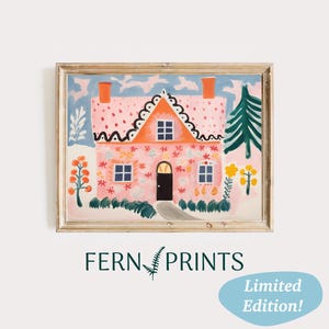 Pink Gingerbread House Painting Christmas Cottage Wall Art Snowy Winter House Artwork Festive Winter Scene Printable Wall Art
