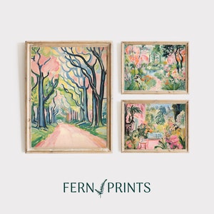 Nature Wall Art Maximalist Print Set of 3 Wall Art Garden Print Home Decor Gallery Wall Living Room Decor Pink Green Landscape Art Printable